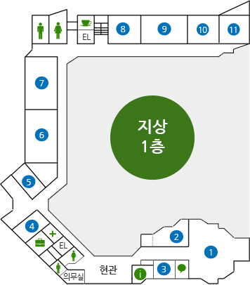 지상 1층. 오른쪽 아래부터 시계방향으로 1, 상담실, 2, 3, 안내, 현관, 의무실, 여자화장실, 남자화장실, 엘레베이터, 부속실, 집무실, 4, 5, 6, 7, 남자화장실, 여자화장실, 직원휴게실, 엘레베이터, 계단, 8, 9, 10, 11.(번호는 위 참조)