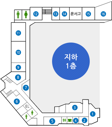 지하 1층. 오른쪽 아래부터 시계방향으로 1, 2, 4, 3, 휴게실, 화장실, 5, 여자화장실, 남자화장실, 엘레베이터, 6, 7, 8, 9, 10, 11, 남자화장실, 여자화장실, 12, 계단, 13, 14, 문서고, 15, 16(번호는 위 참조)